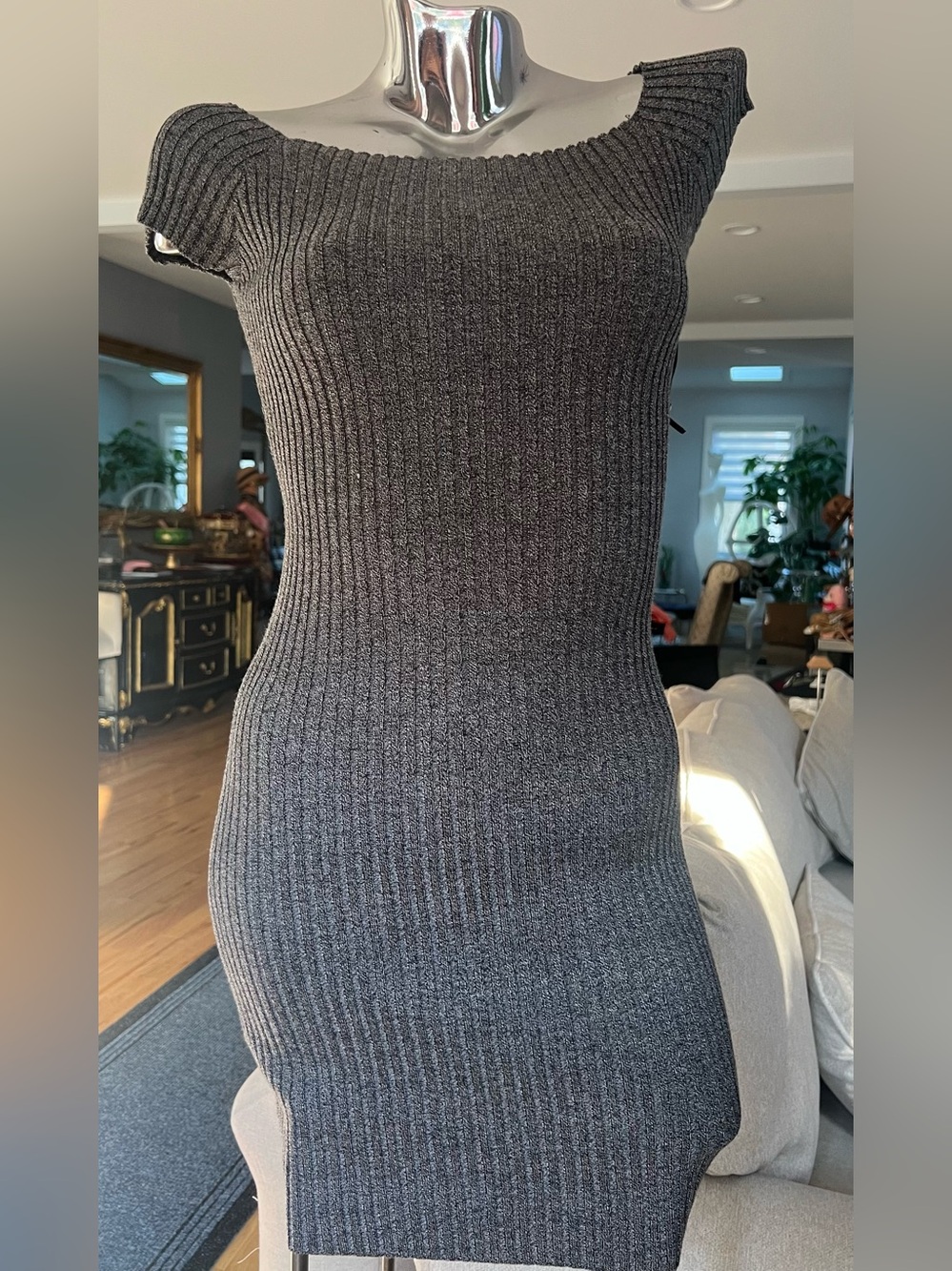 Off-the-Shoulder Ribbed Knit Dress in Charcoal